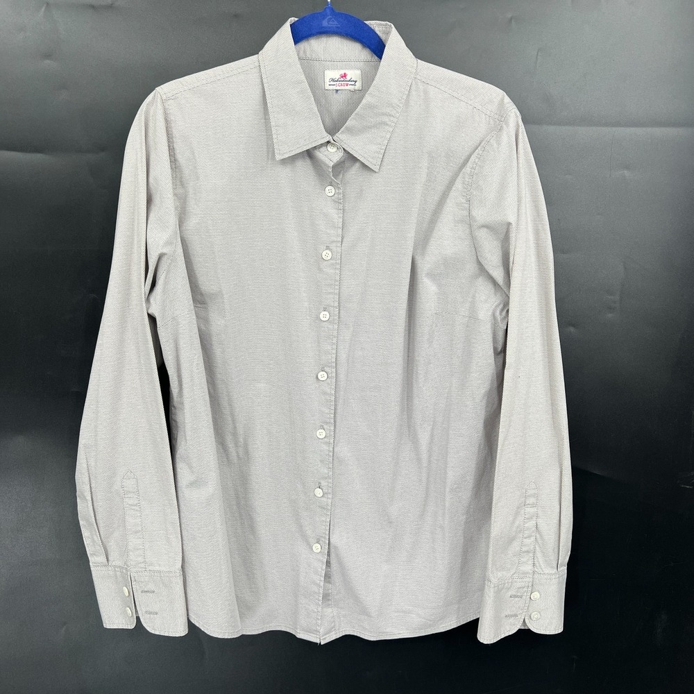 J. Crew Haberdashery polkadot gray button front shirt preppy classic top L